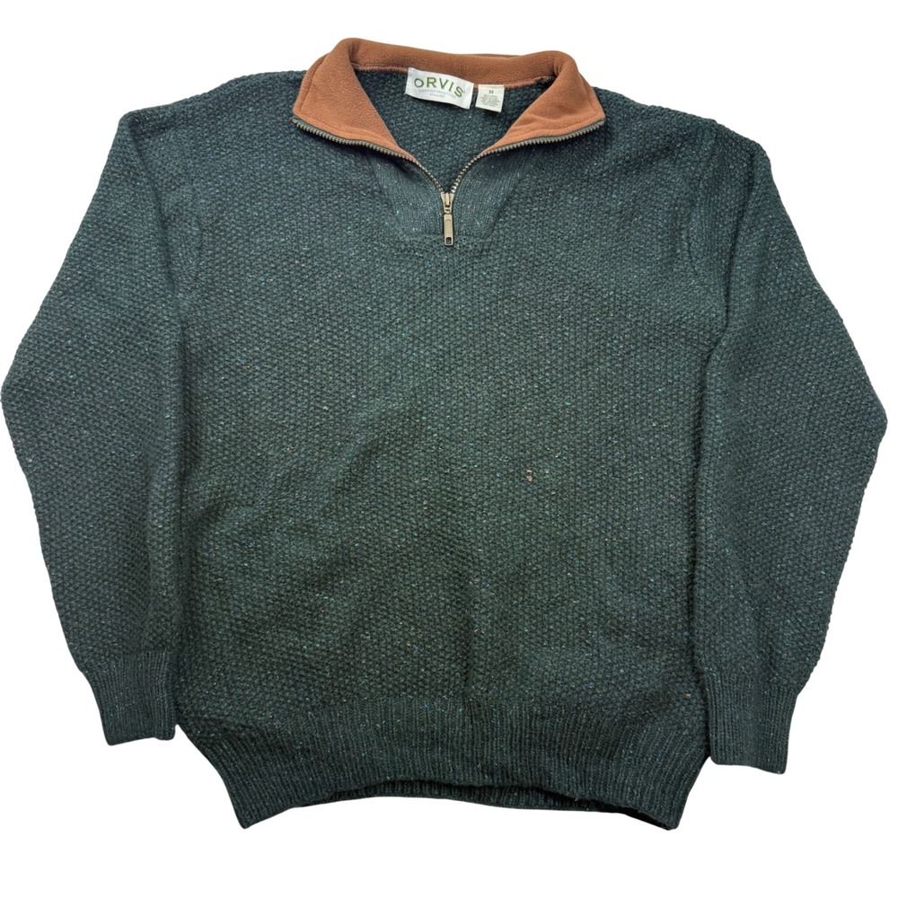 Orvis Mens Donegal Wool Blend Quarter Zip Sweater Green Fleece Collar Medium